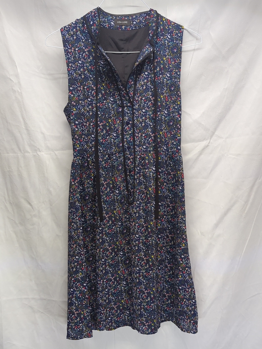 Liza Luxe Navy Floral Tie-Neck Midi Dress